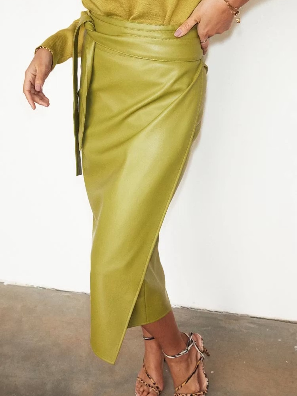 NEVER FULLY DRESSED Lime Green Vegan Leather Jaspre Wrap Midi Skirt NWT $94